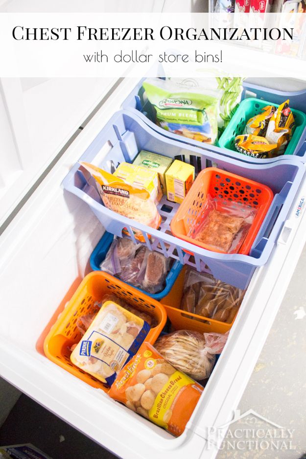 Dollar Store Organizing Ideas - Chest Freezer Organization With Dollar Store Bins - Easy Organization Projects from Dollar Tree and Dollar Stores - Quick Closet Makeovers, Pantry Storage, Shoe Box Projects, Tension Rods, Car and Household Cleaning - Hacks and Tips for Organizing on a Budget - Cheap Idea for Reducing Clutter around the House, in the Kitchen and Bedroom http://diyjoy.com/dollar-store-organizing-ideas