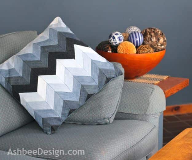 Blue Jean Upcycles - Chevron Pillow from Beloved Old Jeans - Ways to Make Old Denim Jeans Into DIY Home Decor, Handmade Gifts and Creative Fashion - Transform Old Blue Jeans into Pillows, Rugs, Kitchen and Living Room Decor, Easy Sewing Projects for Beginners #sewing #diy #crafts #upcycle