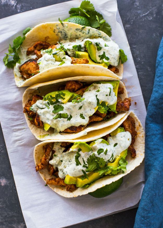 Best Mexican Food Recipes - Chicken And Avocado Tacos With Creamy Cilantro Sauce - Authentic Mexican Foods and Recipe Ideas for Casseroles, Quesadillas, Tacos, Appetizers, Tamales, Enchiladas, Crockpot, Chicken, Beef and Healthy Foods - Desserts and  dessert#recipes #mexican