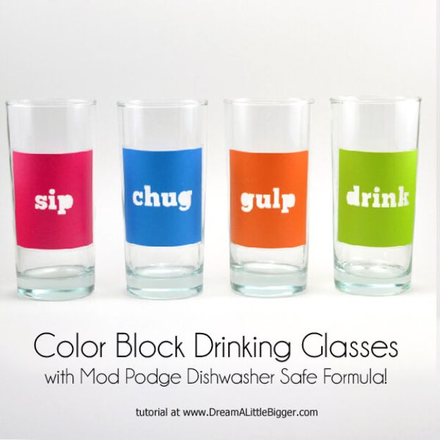 DIY Glassware - Color Block Drinking Glasses - Cool Bar and Drink Glasses You Can Make and Decorate for Creative and Unique Serving Glass Ideas - Mugs, Cups, Decanters, Pitchers and Glass Ware Projects - Paint, Etch, Etching Tutorials, Dotted, Sharpie Art and Dishwasher Safe Decorating Tips - Easy DIY Gift Ideas for Him and Her - Handmade Home Decor DIY 