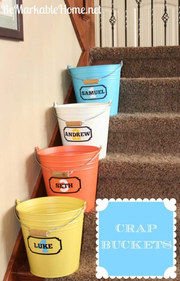 Dollar Store Organizing Ideas - Crap Buckets - Easy Organization Projects from Dollar Tree and Dollar Stores - Quick Closet Makeovers, Pantry Storage, Shoe Box Projects, Tension Rods, Car and Household Cleaning - Hacks and Tips for Organizing on a Budget - Cheap Idea for Reducing Clutter around the House, in the Kitchen and Bedroom http://diyjoy.com/dollar-store-organizing-ideas