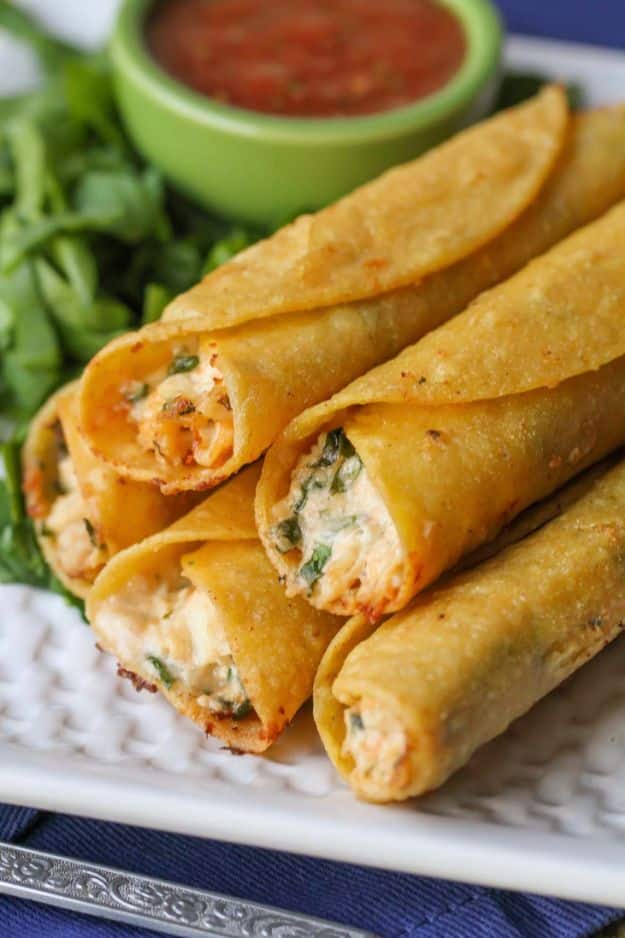 Best Mexican Food Recipes - Cream Cheese And Chicken Taquitos - Authentic Mexican Foods and Recipe Ideas for Casseroles, Quesadillas, Tacos, Appetizers, Tamales, Enchiladas, Crockpot, Chicken, Beef and Healthy Foods - Desserts and  dessert#recipes #mexican