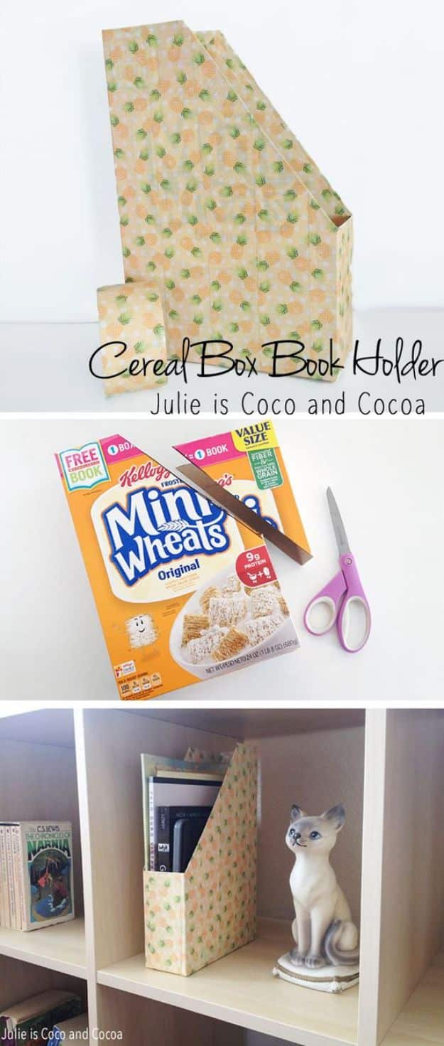 Cool DIY Ideas With Cereal Boxes - DIY Cereal Box Book Holder - Easy Organizing Ideas, Cute Kids Crafts and Creative Ways to Make Things Out of A Cereal Box - Cheap Gifts, DIY School Supplies and Storage Ideas http://diyjoy.com/diy-ideas-cereal-boxes
