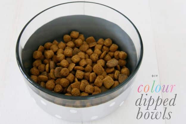 DIY Pet Bowls And Feeding Stations - DIY Colour Dipped Bowls - Easy Ideas for Serving Dog and Cat Food, Ways to Raise and Store Bowls - Organize Your Dog Food and Water Bowl With These Cute and Creative Ideas for Dogs and Cats- Monogram, Painted, Personalized and Rustic Crafts and Projects http://diyjoy.com/diy-pet-bowls-feeding-station
