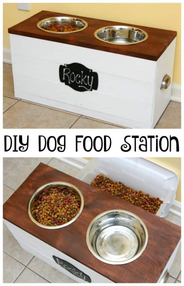 DIY Pet Bowls And Feeding Stations - DIY Dog Food Station With Storage - Easy Ideas for Serving Dog and Cat Food, Ways to Raise and Store Bowls - Organize Your Dog Food and Water Bowl With These Cute and Creative Ideas for Dogs and Cats- Monogram, Painted, Personalized and Rustic Crafts and Projects http://diyjoy.com/diy-pet-bowls-feeding-station
