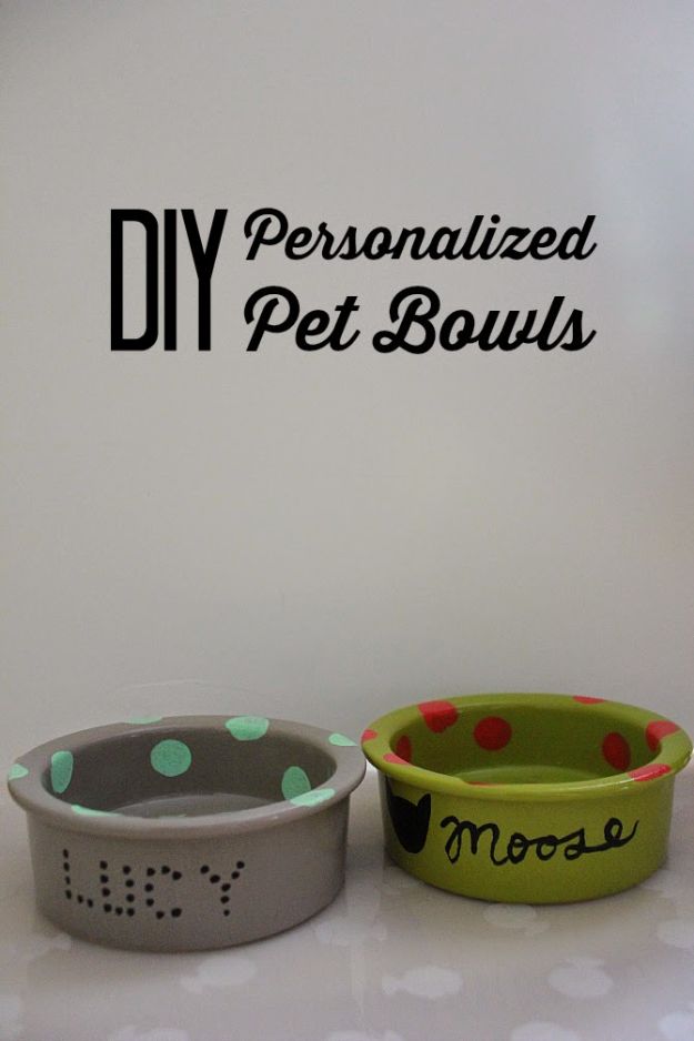 DIY Pet Bowls And Feeding Stations - DIY Handpainted Pet Bowl - Easy Ideas for Serving Dog and Cat Food, Ways to Raise and Store Bowls - Organize Your Dog Food and Water Bowl With These Cute and Creative Ideas for Dogs and Cats- Monogram, Painted, Personalized and Rustic Crafts and Projects http://diyjoy.com/diy-pet-bowls-feeding-station