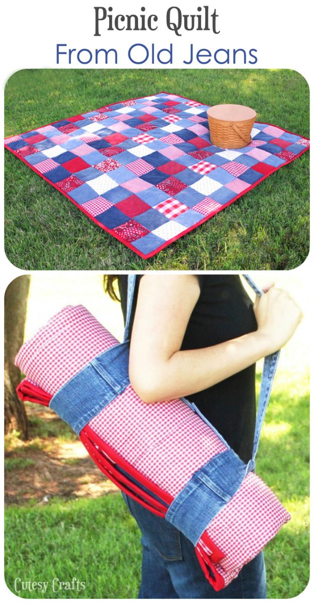 Blue Jean Upcycles - DIY Picnic Quilt from Old Jeans - Ways to Make Old Denim Jeans Into DIY Home Decor, Handmade Gifts and Creative Fashion - Transform Old Blue Jeans into Pillows, Rugs, Kitchen and Living Room Decor, Easy Sewing Projects for Beginners #sewing #diy #crafts #upcycle