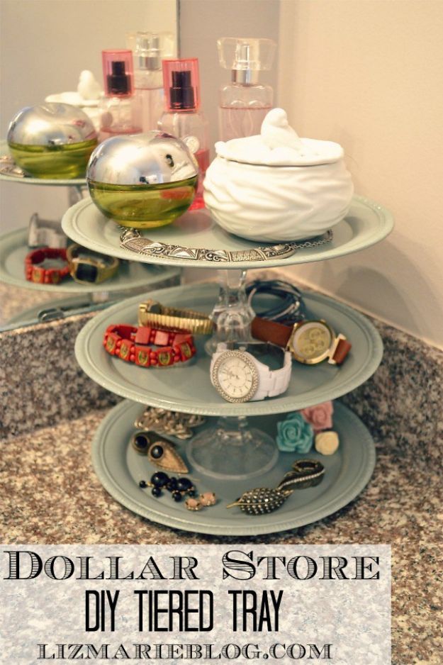 Dollar Store Organizing Ideas - DIY Tiered Tray - Easy Organization Projects from Dollar Tree and Dollar Stores - Quick Closet Makeovers, Pantry Storage, Shoe Box Projects, Tension Rods, Car and Household Cleaning - Hacks and Tips for Organizing on a Budget - Cheap Idea for Reducing Clutter around the House, in the Kitchen and Bedroom http://diyjoy.com/dollar-store-organizing-ideas