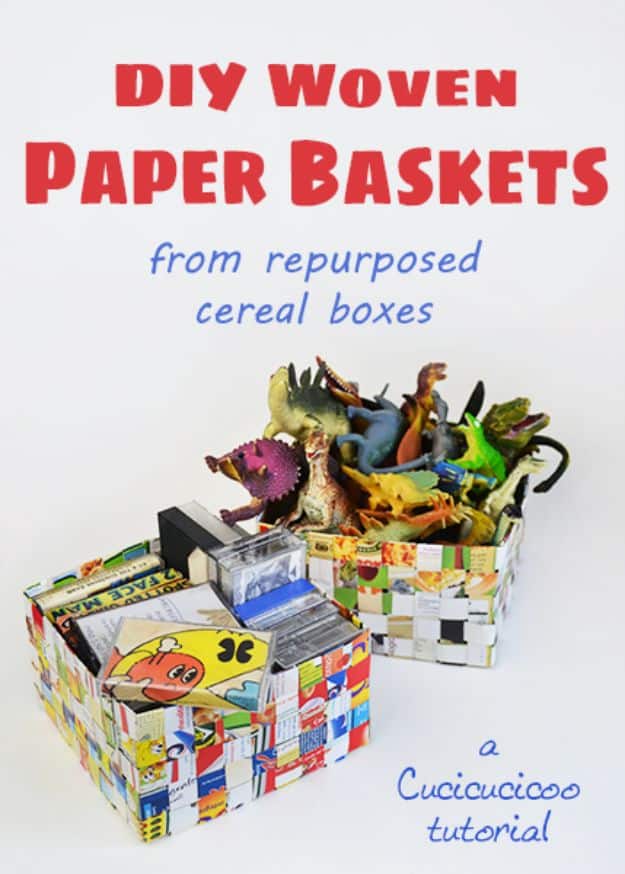 Cool DIY Ideas With Cereal Boxes - DIY Woven Paper Baskets - Easy Organizing Ideas, Cute Kids Crafts and Creative Ways to Make Things Out of A Cereal Box - Cheap Gifts, DIY School Supplies and Storage Ideas http://diyjoy.com/diy-ideas-cereal-boxes