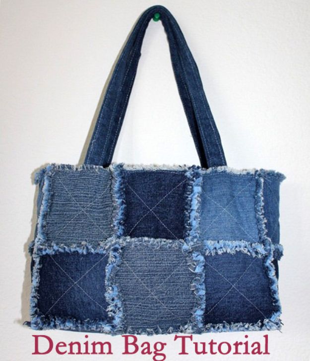 Blue Jean Upcycles - Denim Bag - Ways to Make Old Denim Jeans Into DIY Home Decor, Handmade Gifts and Creative Fashion - Transform Old Blue Jeans into Pillows, Rugs, Kitchen and Living Room Decor, Easy Sewing Projects for Beginners #sewing #diy #crafts #upcycle