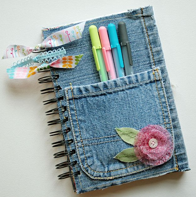 DIY Journals -Denim Covered Journal - Ideas For Making A Handmade Journal - Cover Art Tutorial, Binding Tips, Easy Craft Ideas for Kids and For Teens - Step By Step Instructions for Making From Scratch, From An Old Book - Leather, Faux Marble, Paper, Monogram, Cute Do It Yourself Gift Idea 