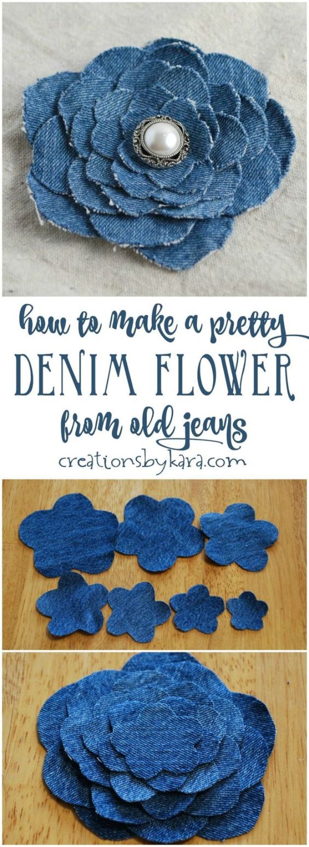 Blue Jean Upcycles - Denim Flower From Old Jeans - Ways to Make Old Denim Jeans Into DIY Home Decor, Handmade Gifts and Creative Fashion - Transform Old Blue Jeans into Pillows, Rugs, Kitchen and Living Room Decor, Easy Sewing Projects for Beginners #sewing #diy #crafts #upcycle