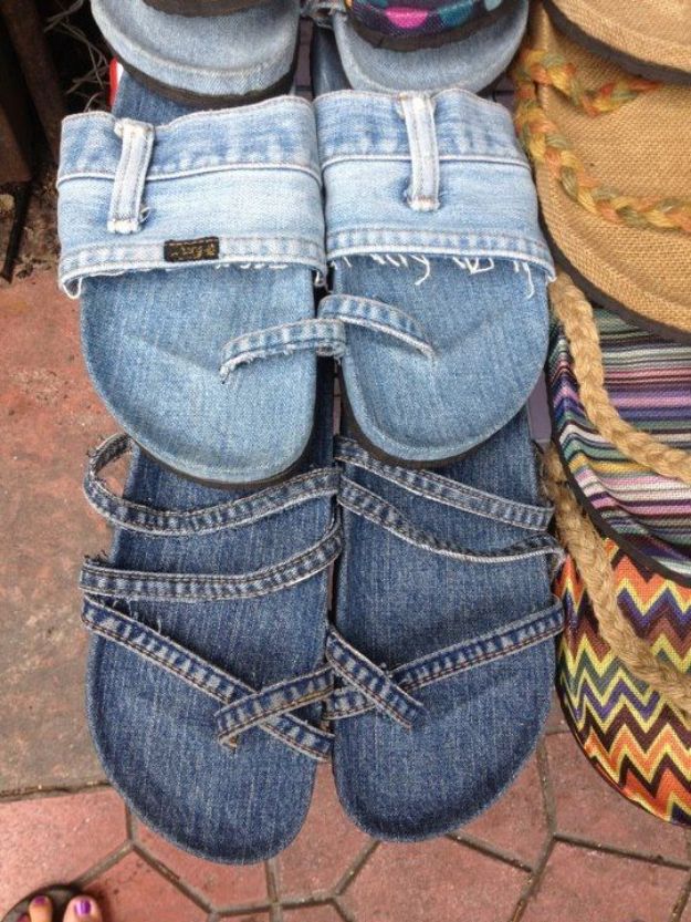 Blue Jean Upcycles - Denim Slippers - Ways to Make Old Denim Jeans Into DIY Home Decor, Handmade Gifts and Creative Fashion - Transform Old Blue Jeans into Pillows, Rugs, Kitchen and Living Room Decor, Easy Sewing Projects for Beginners #sewing #diy #crafts #upcycle