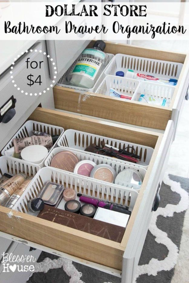 Dollar Store Organizing Ideas - Dollar Store Bathroom Drawer Organization - Easy Organization Projects from Dollar Tree and Dollar Stores - Quick Closet Makeovers, Pantry Storage, Shoe Box Projects, Tension Rods, Car and Household Cleaning - Hacks and Tips for Organizing on a Budget - Cheap Idea for Reducing Clutter around the House, in the Kitchen and Bedroom http://diyjoy.com/dollar-store-organizing-ideas