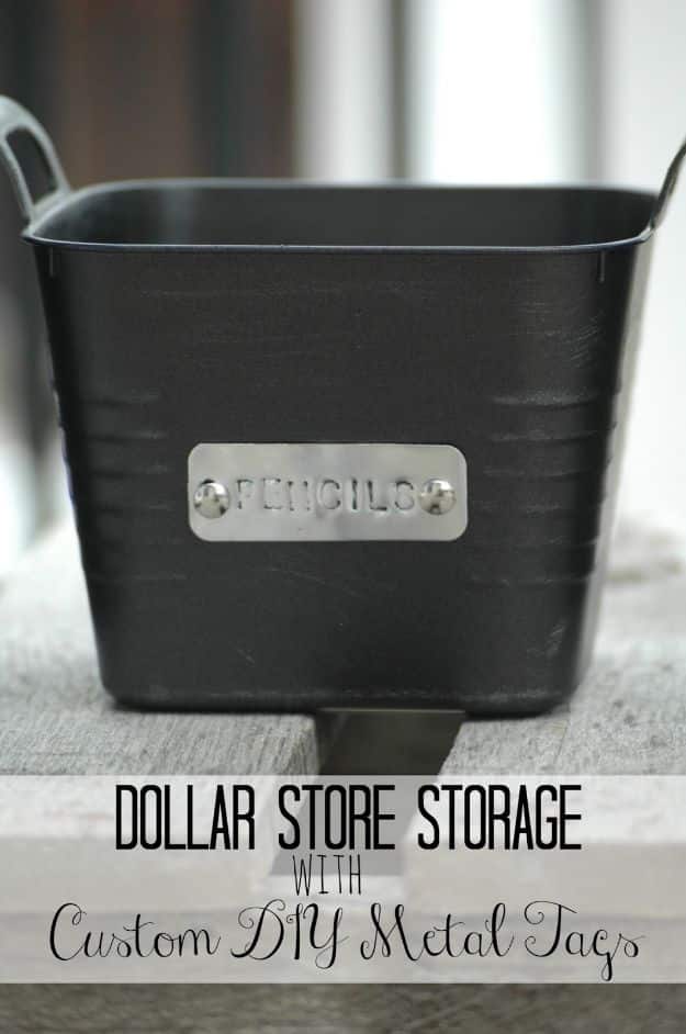 Dollar Store Organizing Ideas - Dollar Store Storage Bins with Custom Metal Tags - Easy Organization Projects from Dollar Tree and Dollar Stores - Quick Closet Makeovers, Pantry Storage, Shoe Box Projects, Tension Rods, Car and Household Cleaning - Hacks and Tips for Organizing on a Budget - Cheap Idea for Reducing Clutter around the House, in the Kitchen and Bedroom http://diyjoy.com/dollar-store-organizing-ideas