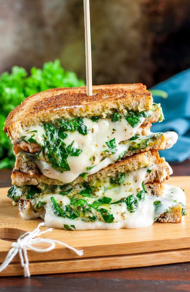 Best Recipes for the Cheese Lover - Easy Cheesy Vegan Spinach Pesto Grilled Cheese - Easy Recipe Ideas With Cheese - Homemade Appetizers, Dips, Dinners, Snacks, Pasta Dishes, Healthy Lunches and Soups Made With Your Favorite Cheeses - Ricotta, Cheddar, Swiss, Parmesan, Goat Chevre, Mozzarella and Feta Ideas - Grilled, Healthy, Vegan and Vegetarian #cheeserecipes #recipes #recipeideas #cheese #cheeserecipe 