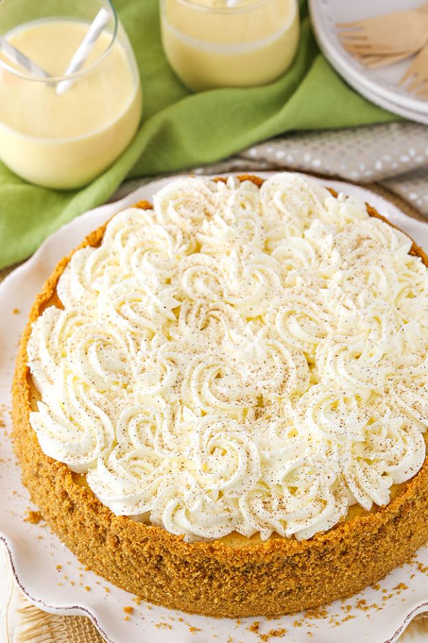 Best Recipes for the Cheese Lover - Eggnog Cheesecake - Easy Recipe Ideas With Cheese - Homemade Appetizers, Dips, Dinners, Snacks, Pasta Dishes, Healthy Lunches and Soups Made With Your Favorite Cheeses - Ricotta, Cheddar, Swiss, Parmesan, Goat Chevre, Mozzarella and Feta Ideas - Grilled, Healthy, Vegan and Vegetarian #cheeserecipes #recipes #recipeideas #cheese #cheeserecipe 