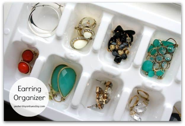 Dollar Store Organizing Ideas - Ice Cube Earring Organizer - Easy Organization Projects from Dollar Tree and Dollar Stores - Quick Closet Makeovers, Pantry Storage, Shoe Box Projects, Tension Rods, Car and Household Cleaning - Hacks and Tips for Organizing on a Budget - Cheap Idea for Reducing Clutter around the House, in the Kitchen and Bedroom http://diyjoy.com/dollar-store-organizing-ideas