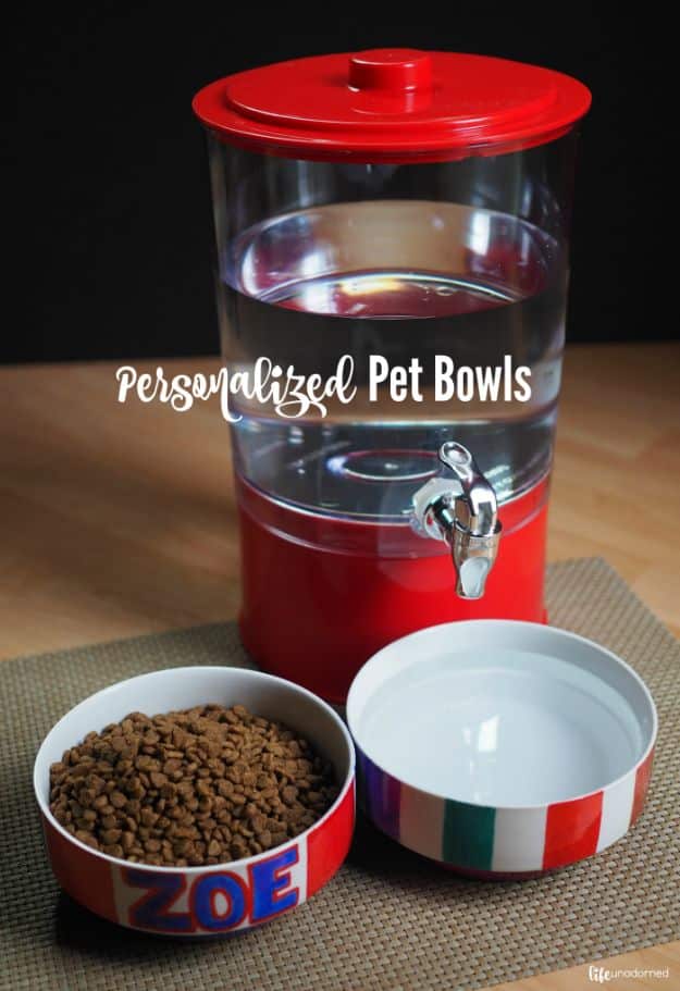 DIY Pet Bowls And Feeding Stations - Make Your Own DIY Pet Bowls - Easy Ideas for Serving Dog and Cat Food, Ways to Raise and Store Bowls - Organize Your Dog Food and Water Bowl With These Cute and Creative Ideas for Dogs and Cats- Monogram, Painted, Personalized and Rustic Crafts and Projects http://diyjoy.com/diy-pet-bowls-feeding-station