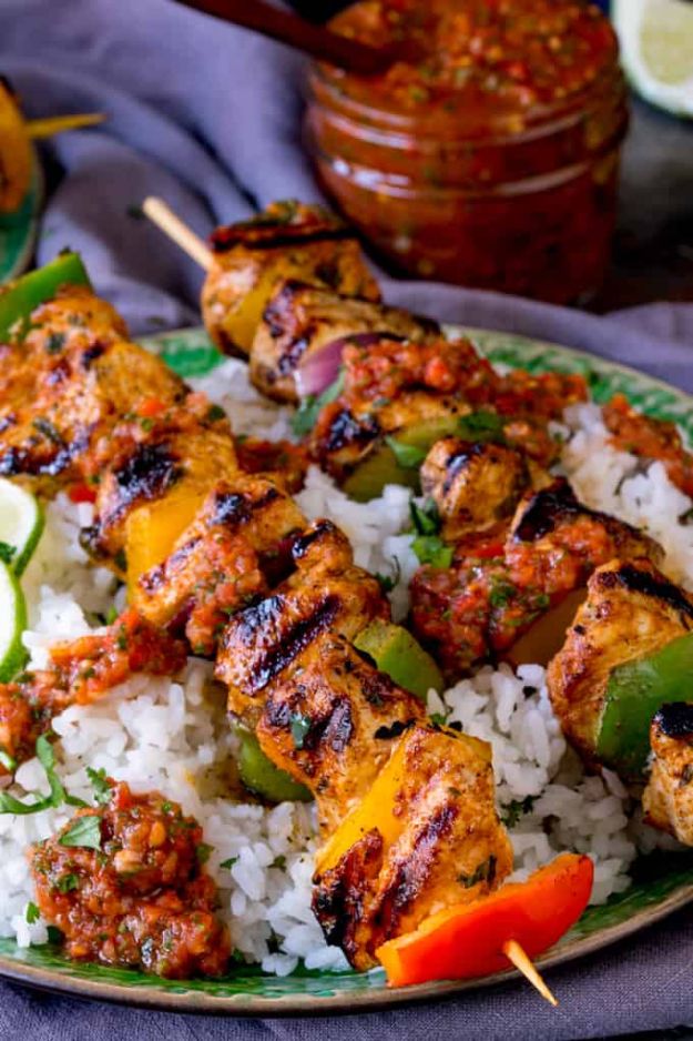 Best Mexican Food Recipes - Mexican Chicken Skewers with Rice and Picante Salsa - Authentic Mexican Foods and Recipe Ideas for Casseroles, Quesadillas, Tacos, Appetizers, Tamales, Enchiladas, Crockpot, Chicken, Beef and Healthy Foods - Desserts and  dessert#recipes #mexican