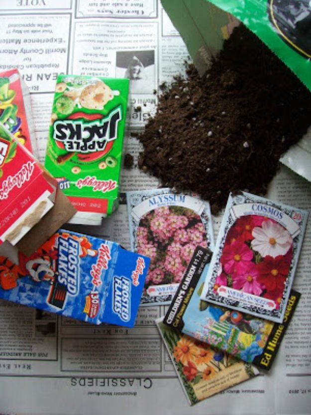 Cool DIY Ideas With Cereal Boxes - Mini Cereal Box Seed Starters - Easy Organizing Ideas, Cute Kids Crafts and Creative Ways to Make Things Out of A Cereal Box - Cheap Gifts, DIY School Supplies and Storage Ideas http://diyjoy.com/diy-ideas-cereal-boxes