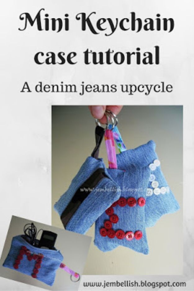 Blue Jean Upcycles - Mini Keychain Case - Ways to Make Old Denim Jeans Into DIY Home Decor, Handmade Gifts and Creative Fashion - Transform Old Blue Jeans into Pillows, Rugs, Kitchen and Living Room Decor, Easy Sewing Projects for Beginners #sewing #diy #crafts #upcycle