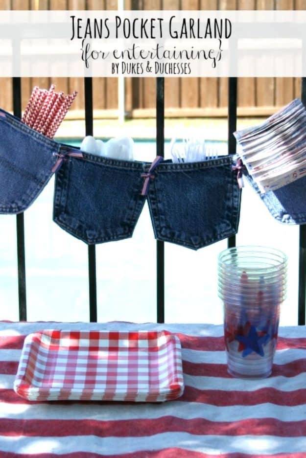 Blue Jean Upcycles - No-Sew Jeans Pocket Garland - Ways to Make Old Denim Jeans Into DIY Home Decor, Handmade Gifts and Creative Fashion - Transform Old Blue Jeans into Pillows, Rugs, Kitchen and Living Room Decor, Easy Sewing Projects for Beginners #sewing #diy #crafts #upcycle