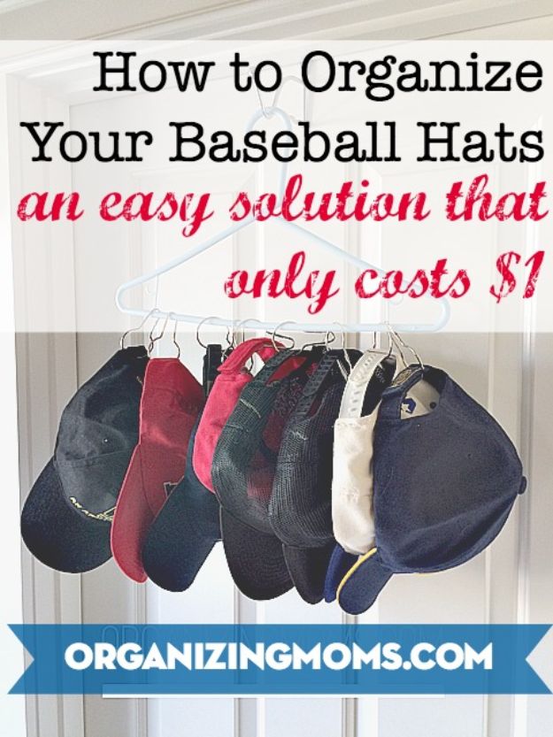 Dollar Store Organizing Ideas - Organize Your Baseball Hats for a Dollar - Easy Organization Projects from Dollar Tree and Dollar Stores - Quick Closet Makeovers, Pantry Storage, Shoe Box Projects, Tension Rods, Car and Household Cleaning - Hacks and Tips for Organizing on a Budget - Cheap Idea for Reducing Clutter around the House, in the Kitchen and Bedroom http://diyjoy.com/dollar-store-organizing-ideas