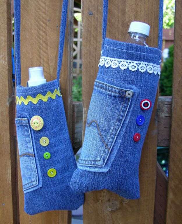 Blue Jean Upcycles - Re-Purposed Denim Water Bottle Bags - Ways to Make Old Denim Jeans Into DIY Home Decor, Handmade Gifts and Creative Fashion - Transform Old Blue Jeans into Pillows, Rugs, Kitchen and Living Room Decor, Easy Sewing Projects for Beginners #sewing #diy #crafts #upcycle