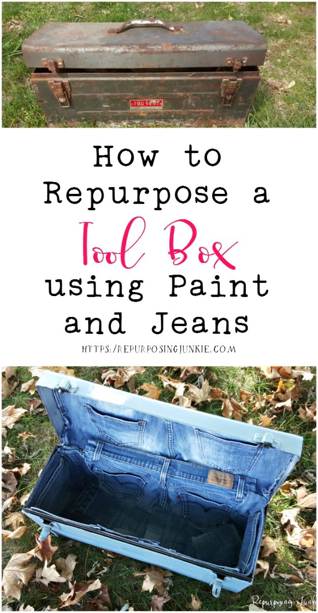 Blue Jean Upcycles - Repurpose a Toolbox using Paint and Jeans - Ways to Make Old Denim Jeans Into DIY Home Decor, Handmade Gifts and Creative Fashion - Transform Old Blue Jeans into Pillows, Rugs, Kitchen and Living Room Decor, Easy Sewing Projects for Beginners #sewing #diy #crafts #upcycle