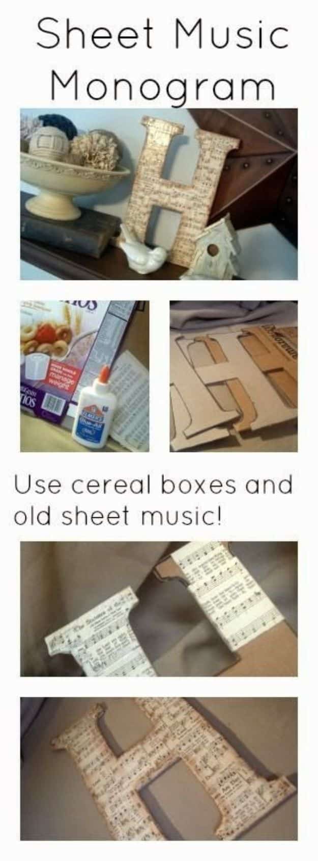 Cool DIY Ideas With Cereal Boxes - Sheet Music Monogram - Easy Organizing Ideas, Cute Kids Crafts and Creative Ways to Make Things Out of A Cereal Box - Cheap Gifts, DIY School Supplies and Storage Ideas http://diyjoy.com/diy-ideas-cereal-boxes