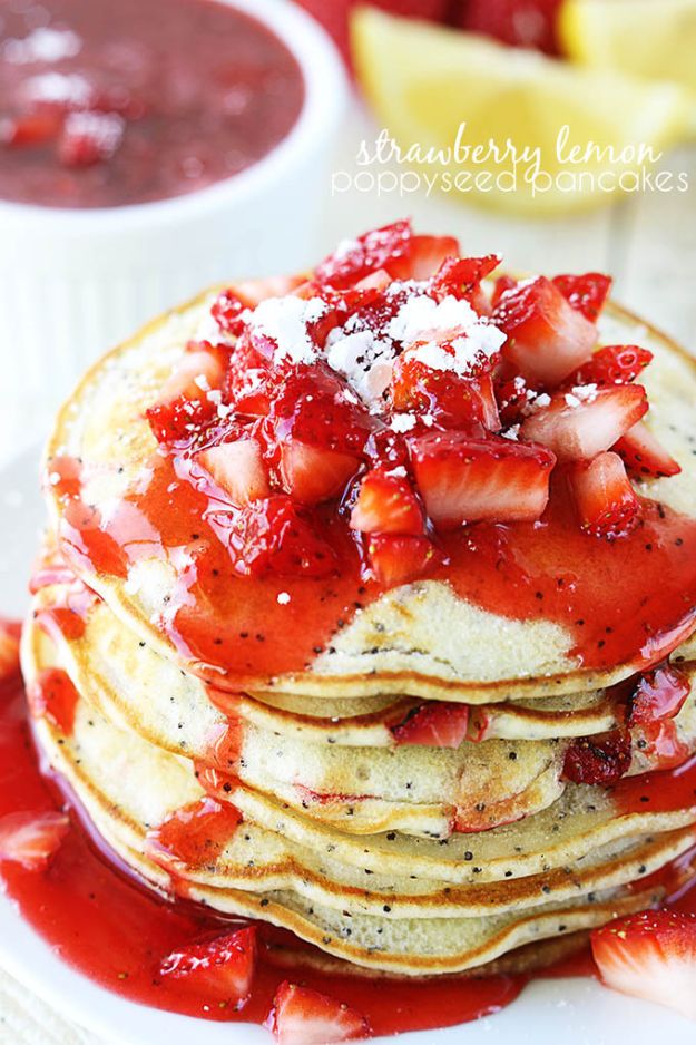 Best Pancake Recipes - Strawberry Lemon Poppyseed Pancakes - Homemade Pancakes With Banana, Berries, Fruit and Maple Syrup - How To Make Pancake Mix at Home - Gluten Free, Low Fat and Healthy Recipes - Breakfast and Brunch Recipe Ideas - Silver Dollar, Buttermilk, Make Ahead and Quick Versions With Strawberries and Blueberries #pancakes #pancakerecipes #recipeideas #breakfast #breakfastrecipes http://diyjoy.com/pancake-recipes
