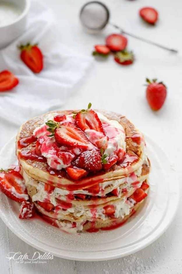 Best Pancake Recipes -Strawberry Shortcake Pancakes - Homemade Pancakes With Banana, Berries, Fruit and Maple Syrup - How To Make Pancake Mix at Home - Gluten Free, Low Fat and Healthy Recipes - Breakfast and Brunch Recipe Ideas - Silver Dollar, Buttermilk, Make Ahead and Quick Versions With Strawberries and Blueberries #pancakes #pancakerecipes #recipeideas #breakfast #breakfastrecipes http://diyjoy.com/pancake-recipes