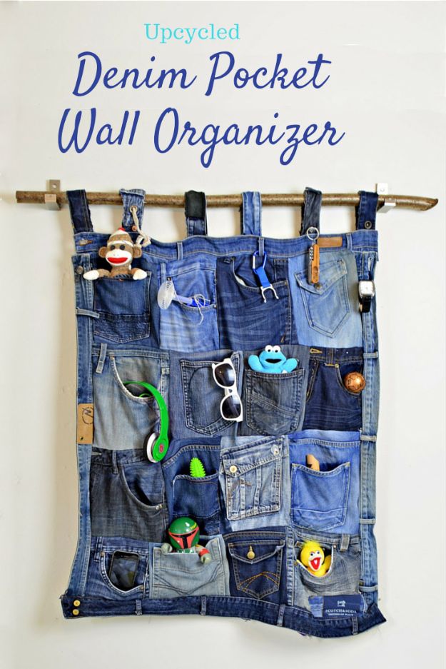 Blue Jean Upcycles - Upcycled Denim Pocket Wall Organizer - Ways to Make Old Denim Jeans Into DIY Home Decor, Handmade Gifts and Creative Fashion - Transform Old Blue Jeans into Pillows, Rugs, Kitchen and Living Room Decor, Easy Sewing Projects for Beginners #sewing #diy #crafts #upcycle