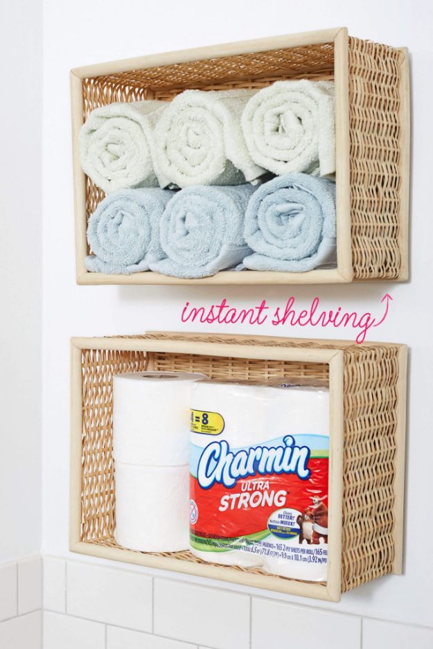 Dollar Store Organizing Ideas - Wall-Mounted Bathroom Basket Shelves - Easy Organization Projects from Dollar Tree and Dollar Stores - Quick Closet Makeovers, Pantry Storage, Shoe Box Projects, Tension Rods, Car and Household Cleaning - Hacks and Tips for Organizing on a Budget - Cheap Idea for Reducing Clutter around the House, in the Kitchen and Bedroom http://diyjoy.com/dollar-store-organizing-ideas