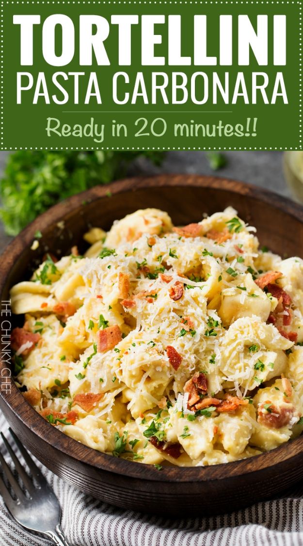 Best Italian Recipes - 20 Minute Tortellini Pasta Carbonara - Authentic and Traditional italian dishes For Dinner, Appetizers, and Easy Lunch - Pasta with Chicken, Lasagna, Noodles With Cheese, Healthy Recipe Ideas - Party Trays and Food For A Crowd - Fettucini, Spaghetti, Alfredo Sauce, Meatballs, Grilled Steak and Fish, Soup, Seafood, Vegetarian and Crockpot Versions #italian 