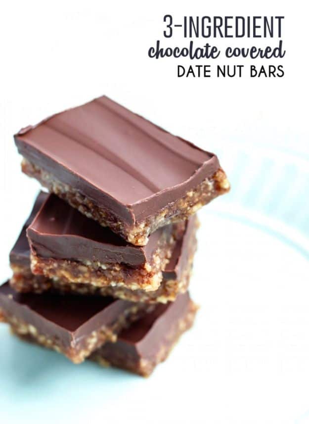 Chocolate Desserts and Recipe Ideas - 3-Ingredient Dark Chocolate Covered Date Nut Bars - Easy Chocolate Recipes With Mint, Peanut Butter and Caramel - Quick No Bake Dessert Idea, Healthy Desserts, Cake, Brownies, Pie and Mousse - Best Fancy Chocolates to Serve for Two 
