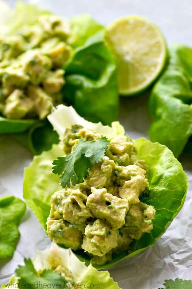 Avocado Recipes - Avocado Chicken Salad Lettuce Wraps - Quick Avocado Toast, Eggs, Keto Guacamole, Dips, Salads, Healthy Lunches, Breakfast, Dessert and Dinners - Party Foods, Soups, Low Carb Salad Dressings and Smoothie #avocado #recipes