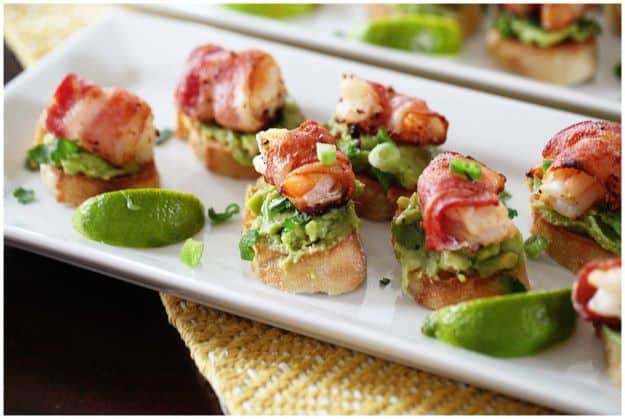 Avocado Recipes - Bacon Wrapped Shrimp Appetizer With Avocado On Garlic Toast - Quick Avocado Toast, Eggs, Keto Guacamole, Dips, Salads, Healthy Lunches, Breakfast, Dessert and Dinners - Party Foods, Soups, Low Carb Salad Dressings and Smoothie #avocado #recipes