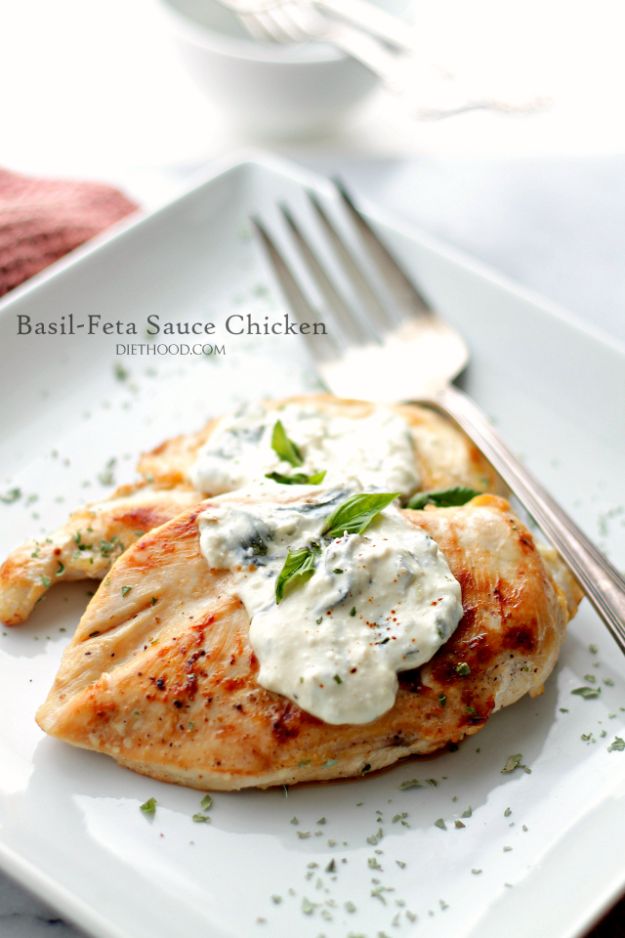 Easy Healthy Chicken Recipes - Basil-Feta Sauce Chicken - Lunch and Dinner Ideas, Party Foods and Casseroles, Idea for the Grill and Salads- Chicken Breast, Baked, Roastedf and Grilled Chicken #recipes #healthy #chicken