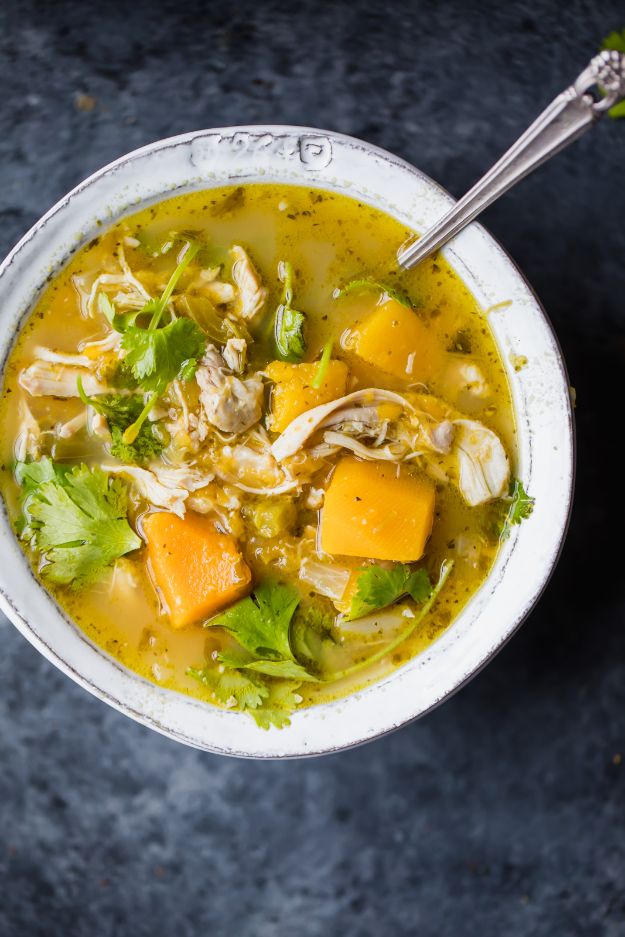Easy Healthy Chicken Recipes - Butternut Squash Green Chile Chicken Soup - Lunch and Dinner Ideas, Party Foods and Casseroles, Idea for the Grill and Salads- Chicken Breast, Baked, Roastedf and Grilled Chicken #recipes #healthy #chicken