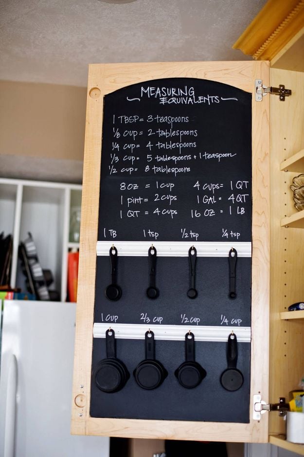 Organizing Ideas for Your Life - Cabinet Door Chalkboard with Measuring Utensils - Easy Crafts and Cool Ideas for Getting Organized - Best Ways to Get Organized - Things to Make for Being More Efficient and Productive - DIY Storage, Shelving, Calendars, Planning #organizing