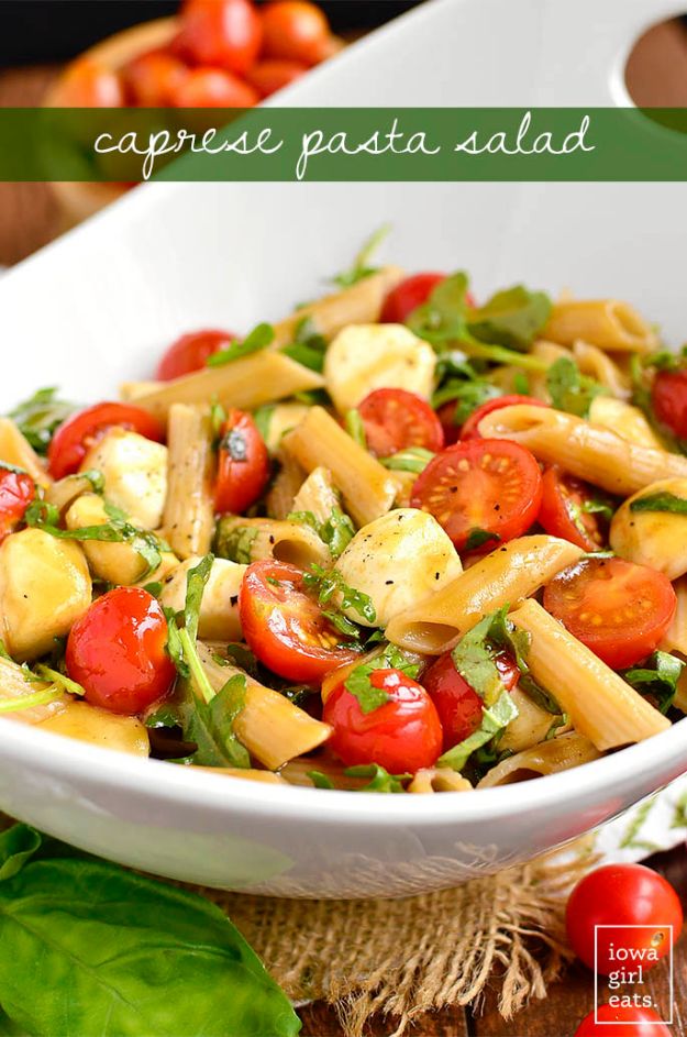 Best Pasta Recipes - Caprese Pasta Salad - Easy Pasta Recipe Ideas for Dinner, Lunch and Party Foods - Healthy and Easy Pastas With Shrimp, Beef, Chicken, Sausage, Tomato and Vegetarian - Creamy Alfredo, Marinara Red Sauce - Homemade Sauces and One Pot Meals for Quick Prep - Penne, Fettucini, Spaghetti, Ziti and Angel Hair #pasta #recipes #italian