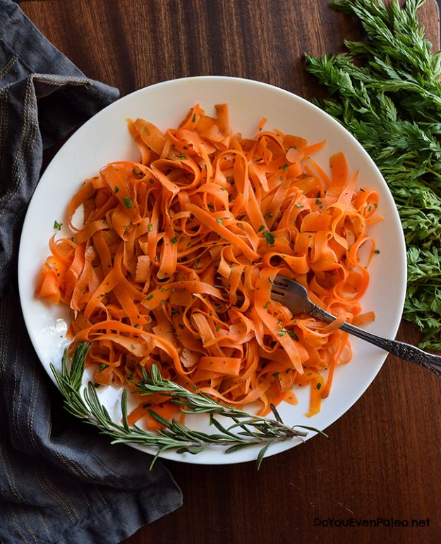 Veggie Noodle Recipes - Carrot Ribbons with Rosemary Butter Sauce - How to Cook With Veggie Noodles - Healthy Pasta Recipe Ideas - How to Make Veggie Noodles With Carrots and Zucchini - Vegan, Vegetarian , Keto and Low Carb Dishes for Your Diet - Meatballs, Chicken, Cheese, Asian Stir Fry, Salad and Raw Preparations #veggienoodles #recipes #keto #lowcarb #ketorecipes #veggies #healthyrecipes #veganrecipes 