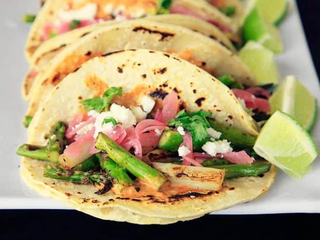 Asparagus Recipes - Charred Asparagus Tacos With Creamy Adobo and Pickled Red Onions - DIY Asparagus Recipe Ideas for Homemade Soups, Sides and Salads - Easy Tutorials for Roasted, Sauteed, Steamed, Baked, Grilled and Pureed Asparagus - Party Foods, Quick Dinners, Dishes With Cheese, Vegetarian and Vegan Options - Healthy Recipes With Step by Step Instructions 