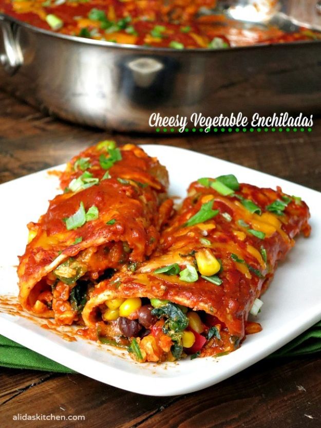 Enchiladas - Cheesy Vegetable Enchiladas - Best Easy Enchilada Recipes and Enchilada Casserole With Chicken, Beef, Cheese, Shrimp, Turkey and Vegetarian - Healthy Salsa for Green Verdes, Sour Cream Enchiladas Mexicanas, White Sauce, Crockpot Ideas - Dinner, Lunch and Party Food Ideas to Feed A Group or Crowd #enchiladas #mexican #recipes