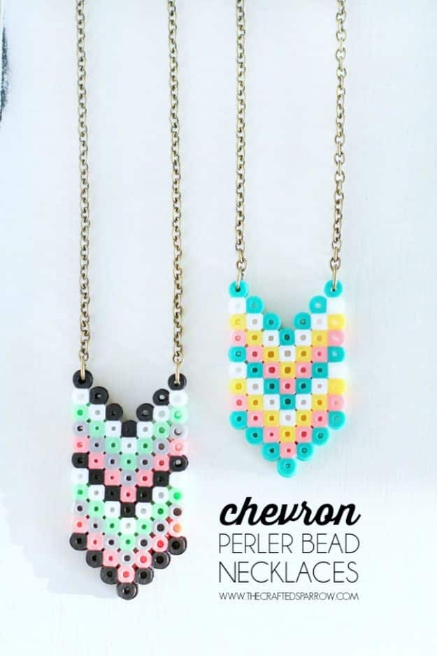 DIY perler bead crafts - Chevron Perler Bead Necklaces - Easy Crafts With Perler Beads - Cute Accessories and Homemade Decor That Make Creative DIY Gifts - Plastic Melted Beads Make Cool Art for Walls, Jewelry and Things To Make When You are Bored #diy #crafts