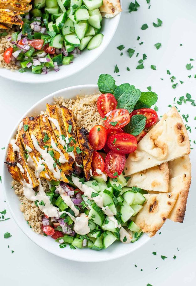 Easy Healthy Chicken Recipes - Chicken Shawarma Quinoa Bowls - Lunch and Dinner Ideas, Party Foods and Casseroles, Idea for the Grill and Salads- Chicken Breast, Baked, Roastedf and Grilled Chicken #recipes #healthy #chicken