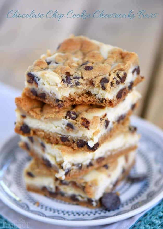 Chocolate Desserts and Recipe Ideas - Chocolate Chip Cookie Cheesecake Bars - Easy Chocolate Recipes With Mint, Peanut Butter and Caramel - Quick No Bake Dessert Idea, Healthy Desserts, Cake, Brownies, Pie and Mousse - Best Fancy Chocolates to Serve for Two 