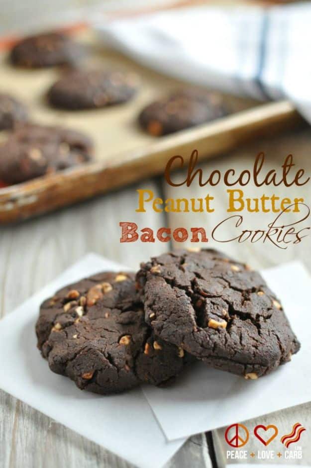 Keto Dessert Recipes - Chocolate Peanut Butter Bacon Cookies - Easy Ketogenic Diet Dessert Recipes and Recipe Ideas - Shakes, Cakes In A Mug, Low Carb Brownies, Gluten Free Cookies #keto #ketorecipes #desserts